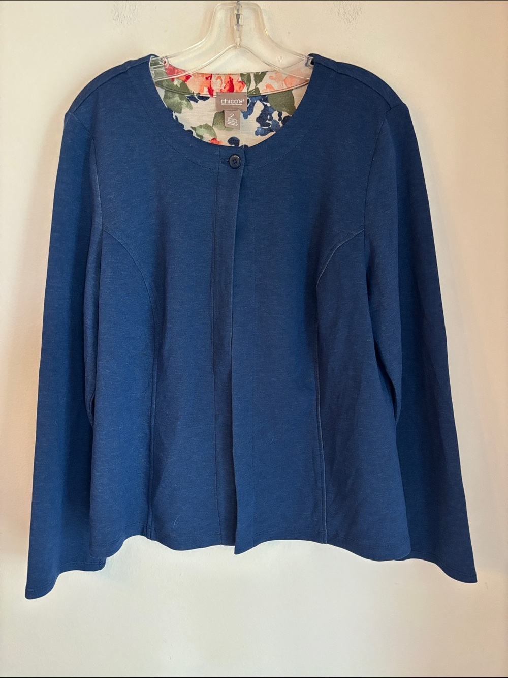 Chico's ponte cropped boxy Deep Blue Single-Button sweatshirt Jacket Womens 12